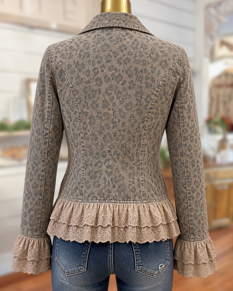 Leopard Print Notched Lapel Ruffle Trim Denim Jacket
