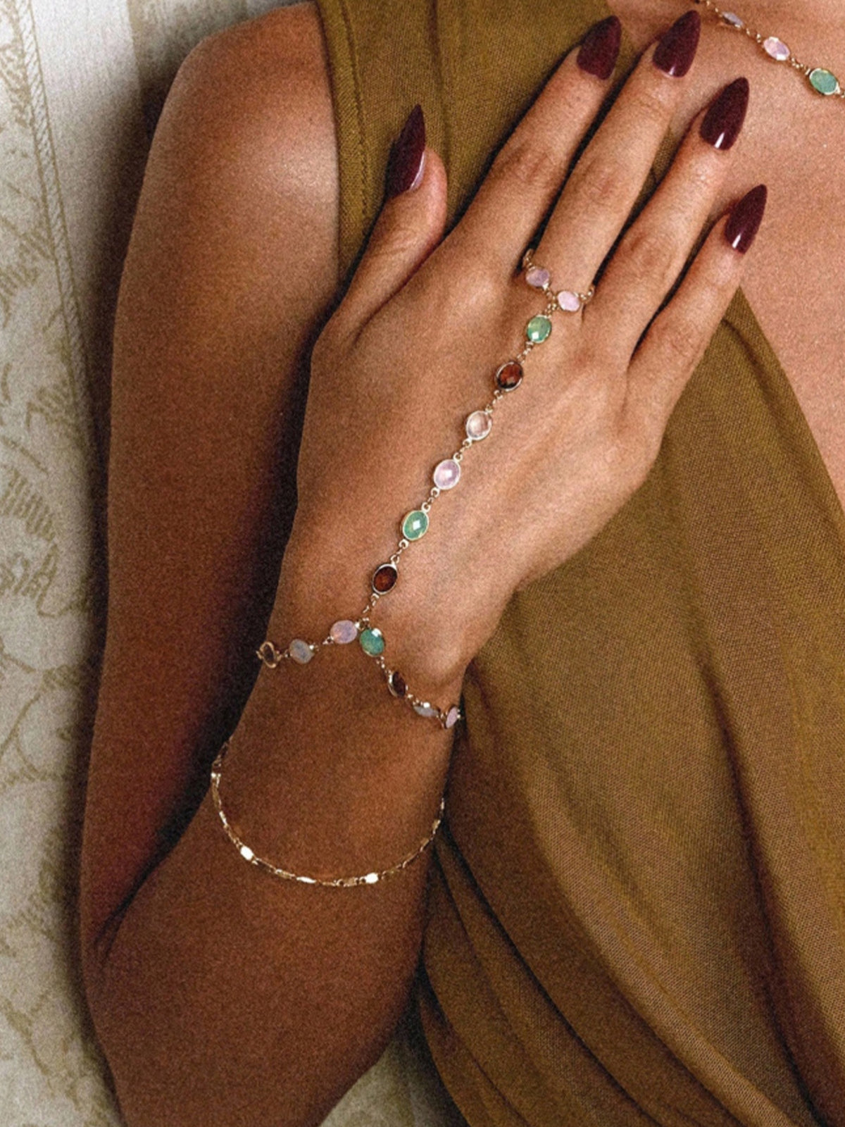 Western Accessory — Multicolor Gemstone Gold Chain Slave Bracelet Finger Ring