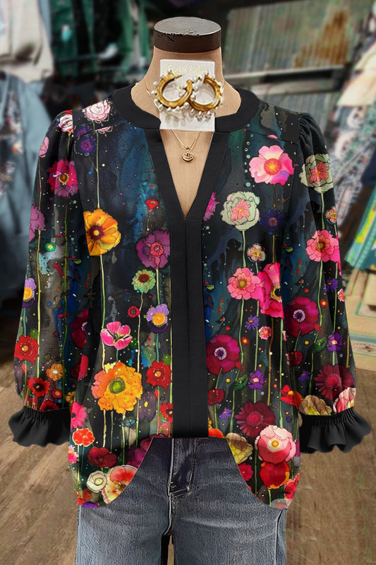 Colorful Floral Print Notch Neck Top