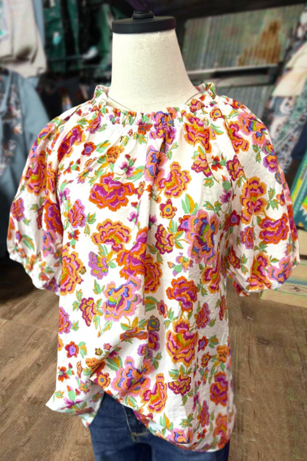 Floral Print Puff Short Sleeve Top