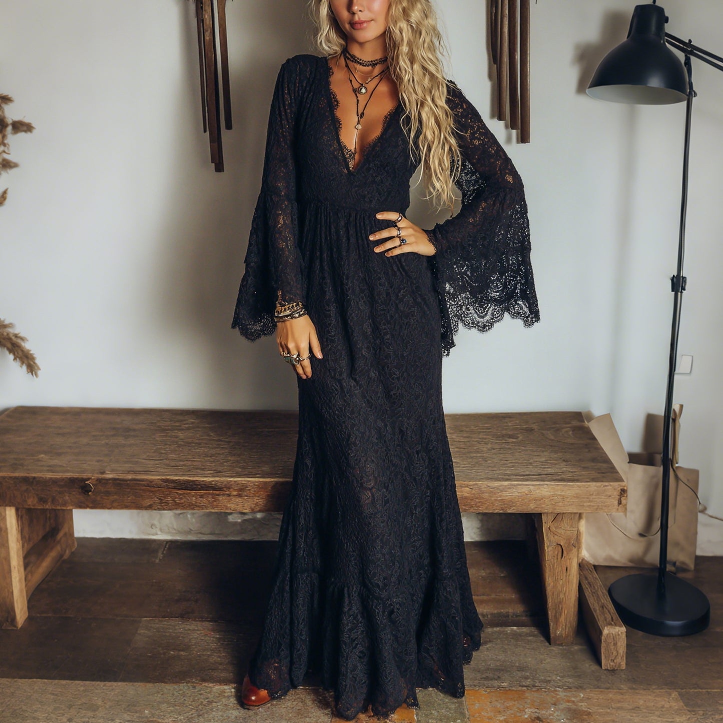 Elegant V-neck Sheer High-waisted Lace Flared Long-sleeved Dress