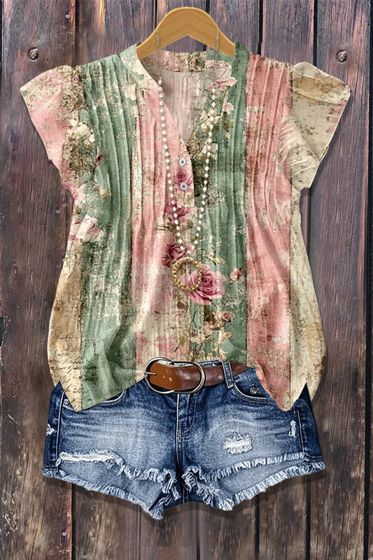 Striped Floral Print Flutter Sleeve Ribbed Top