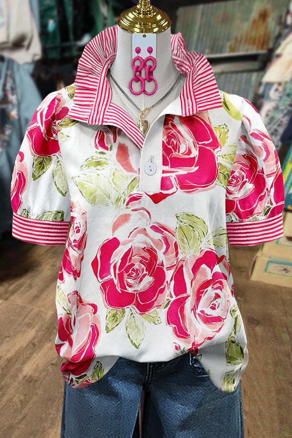 Chic Floral Print Striped Puff Sleeve Top