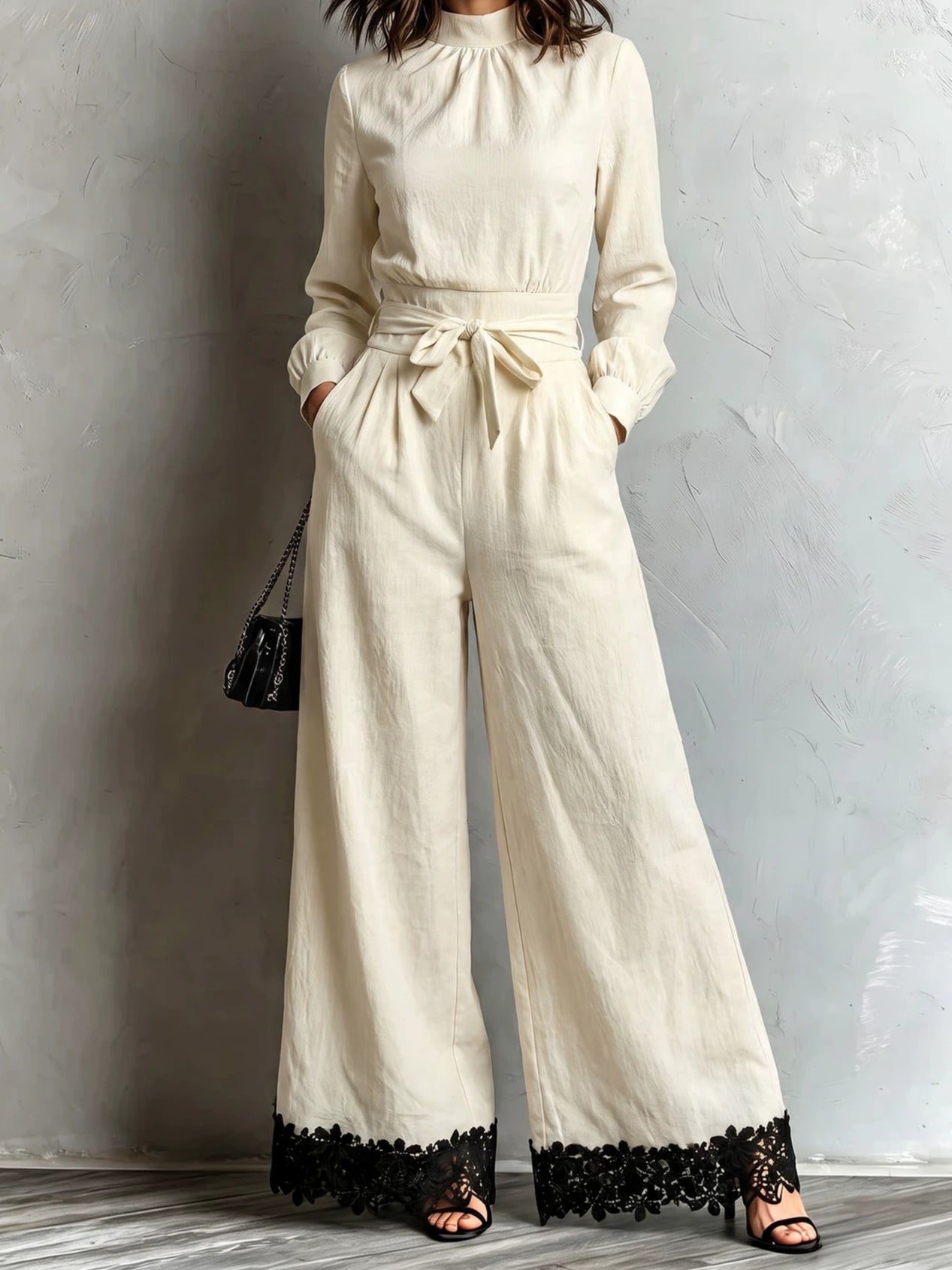 Apricot High Mock Neck Long Sleeve Self-Tie Belt Wide-Leg Contrast Lace Hem Jumpsuit