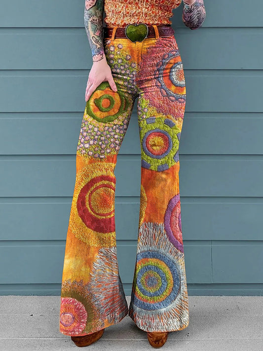 Women's Vintage Ethnic Stitching Print Mid-Rise Button-Hem Bootcut Pants (Without Belt)