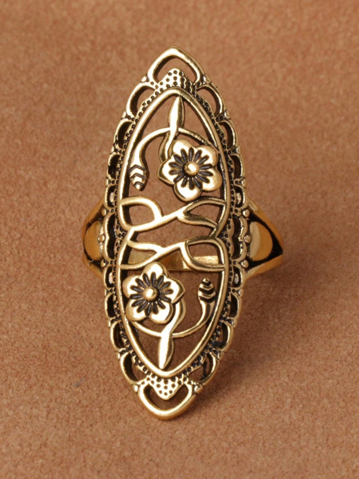 Ideal For Sunset Shoots — Antique Gold Heavy Hollow Floral Relief & Vintage Elongated Shield Silhouette Premium Alloy Statement Boho Ring