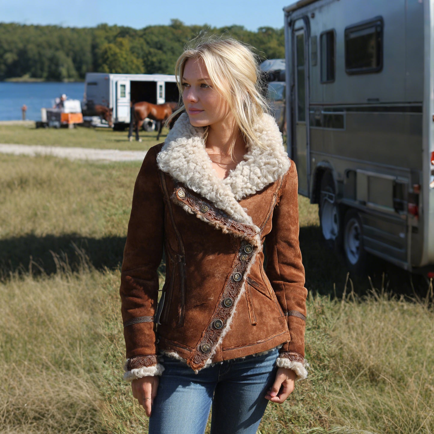 Women's Vintage Suede Oblique Button Design Coat Fur Collar Lapel Coat Beggar Style Coat