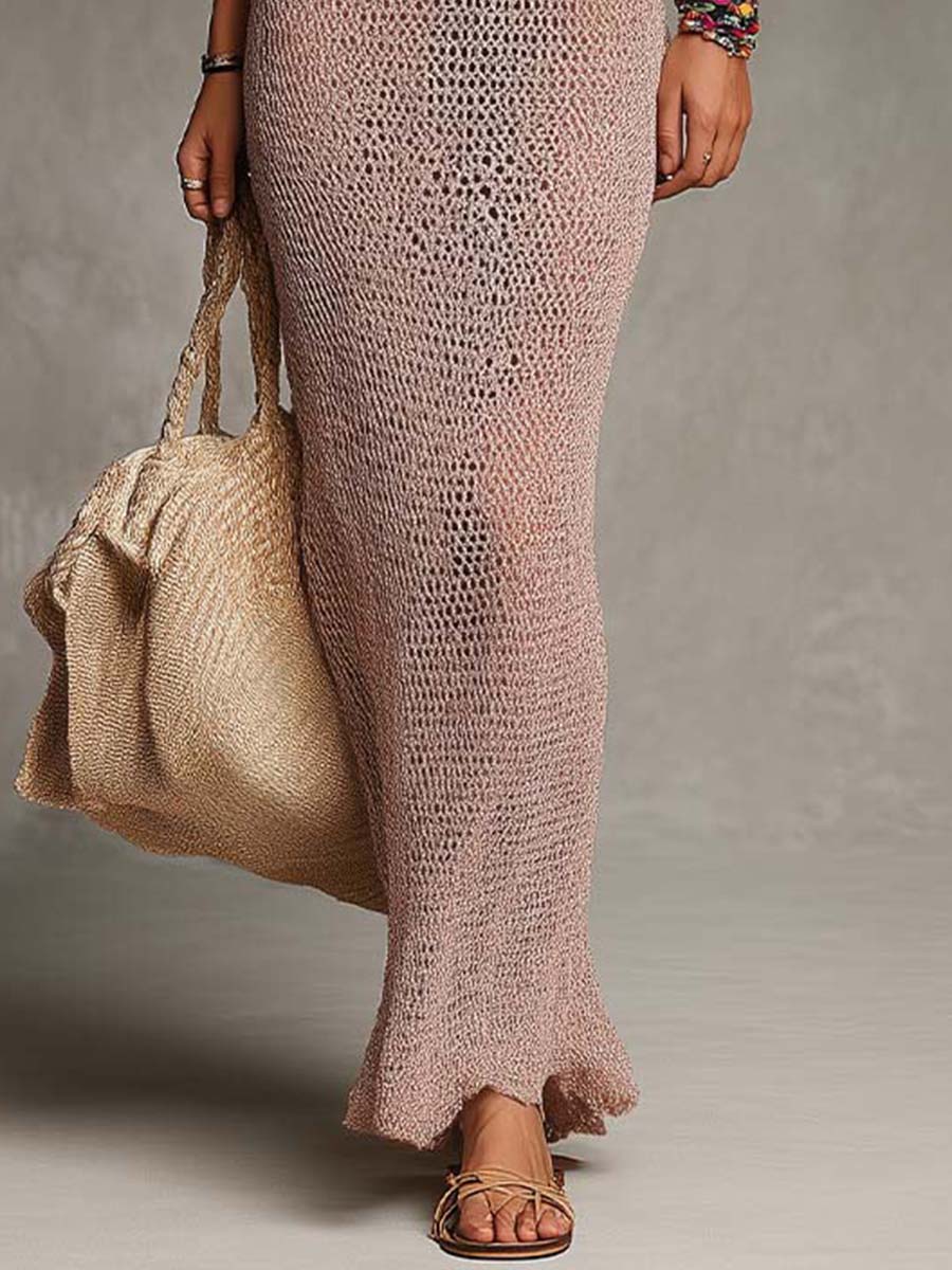 Boho-Vintage Elegant Open-Knit Mesh Maxi Dress