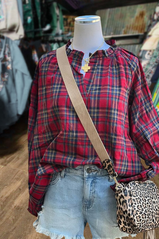 Casual Plaid Ruffle V-Neck Long Sleeve Blouse