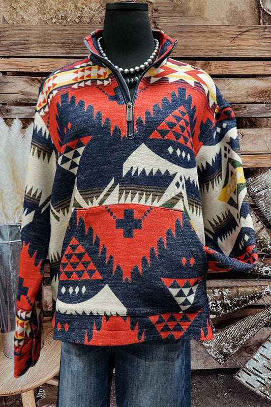 Stylish and cool western print half-zip pullover