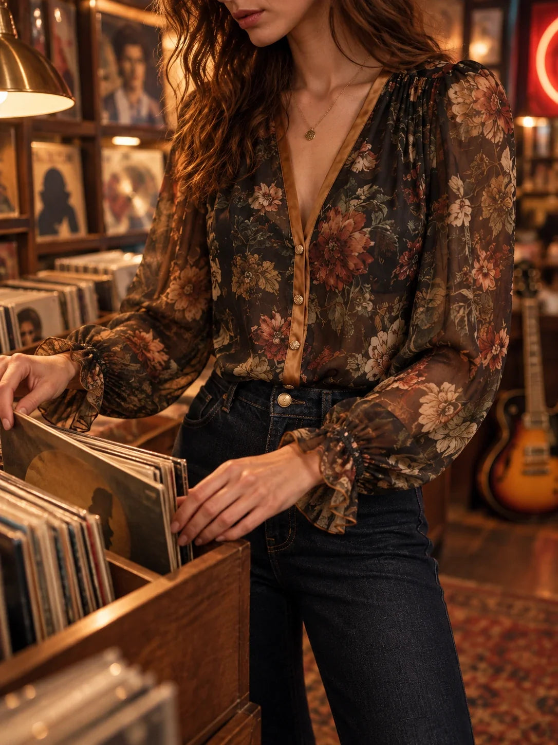 Dark Botanical Floral Sheer Bishop Sleeve Blouse