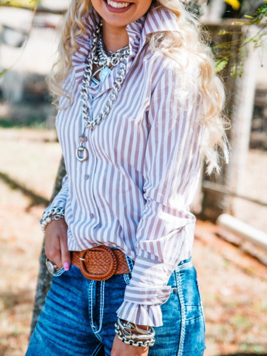 Beautiful Retro Pink Striped Print Long Sleeve Shirt