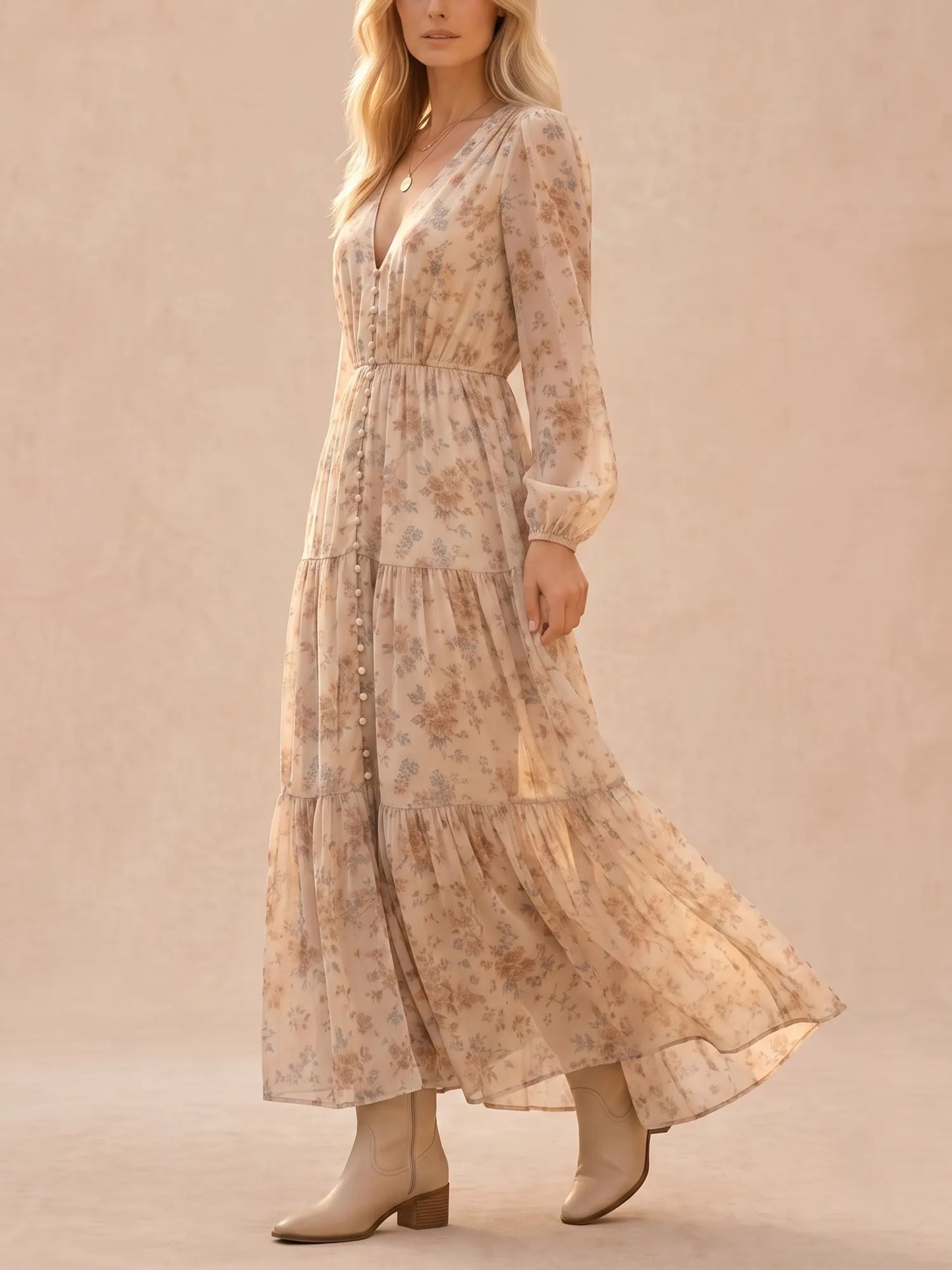 Western Dress — Ivory Apricot Plunging V-Neck Button Placket Long Sleeve Lace Dress Maxi Dress
