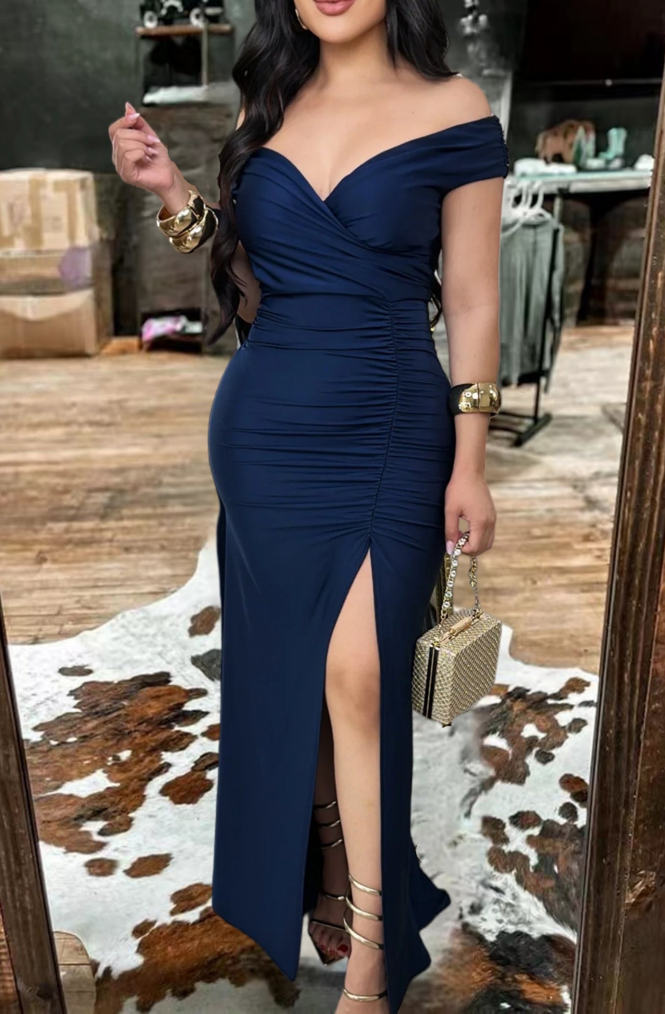 Off-Shoulder Ruched Evening Maxi Dress