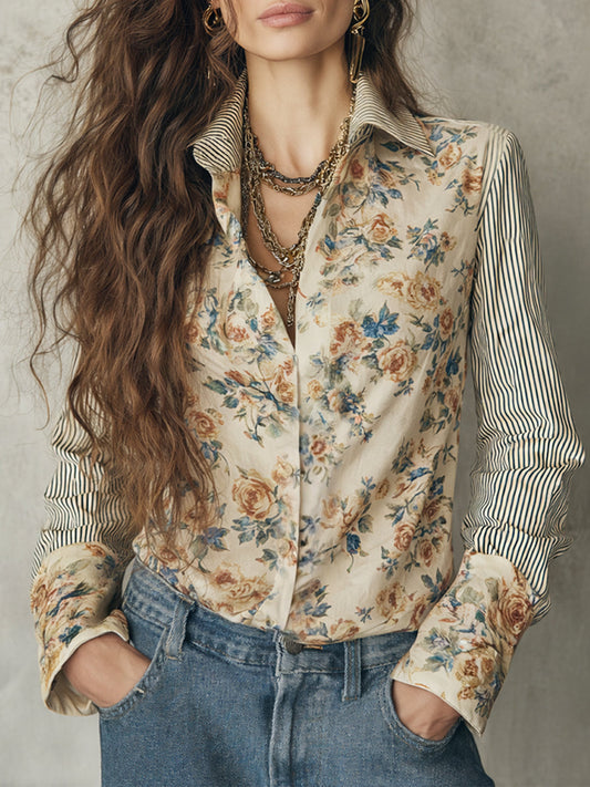 Vintage Striped Floral Print Long-sleeved Blouse