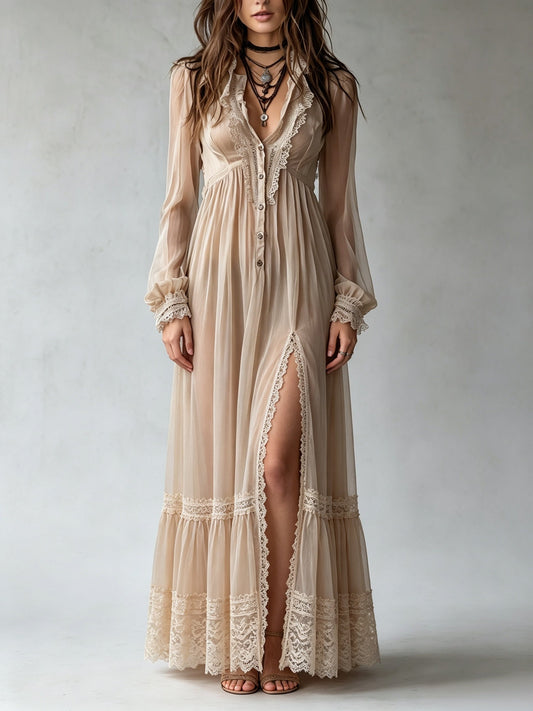 Beige Sheer Chiffon Deep V Lace Trim Button Front Slit Lantern Sleeve Maxi Dress
