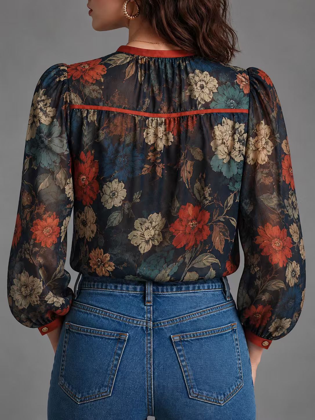 Navy floral blouse with gathered back yoke, back view