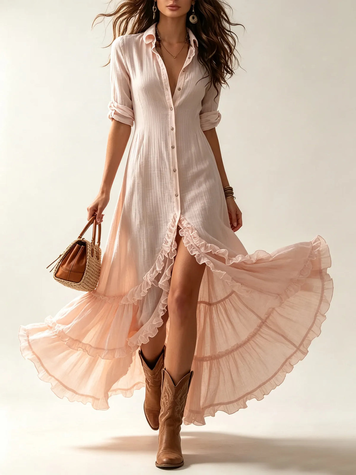 Western-style dress - Irregular front slit with tiered hem Maxi Dresses