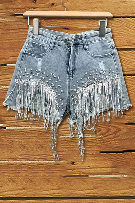 Stylish Fringed Diamond Beaded Denim Shorts