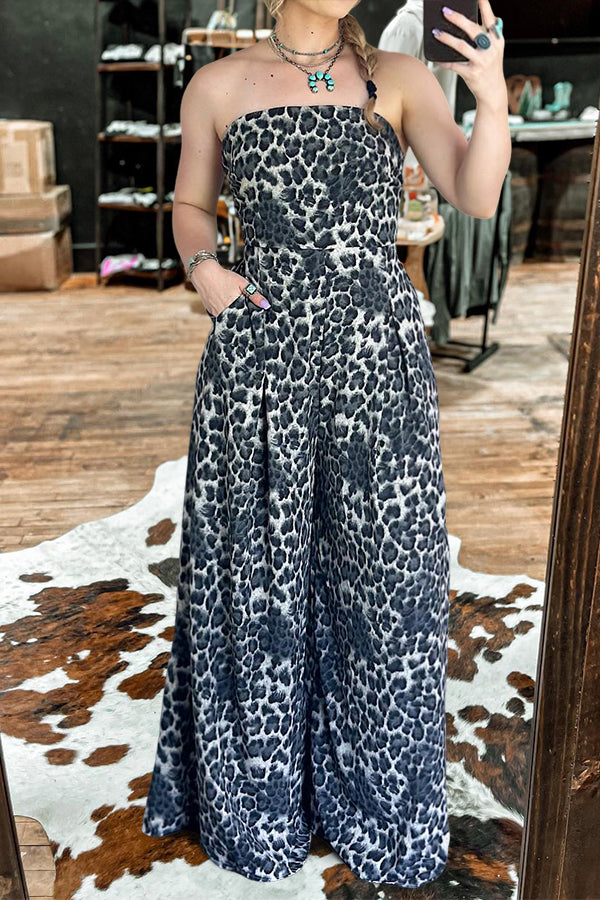 Leopard Print Strapless Open Back Wide-Leg Jumpsuit