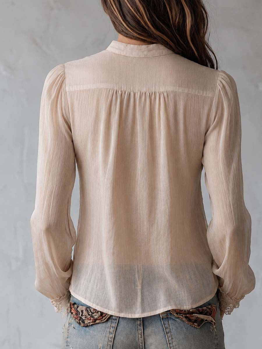 Vintage Peplum Hem Lace-trimmed Chiffon Shirt