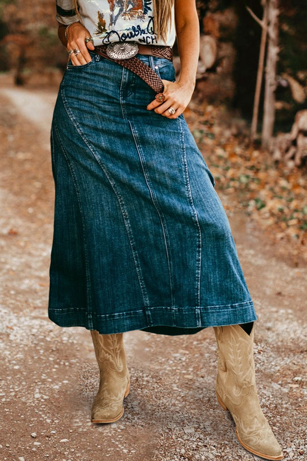 Washed Western Patchwork Denim Skirt