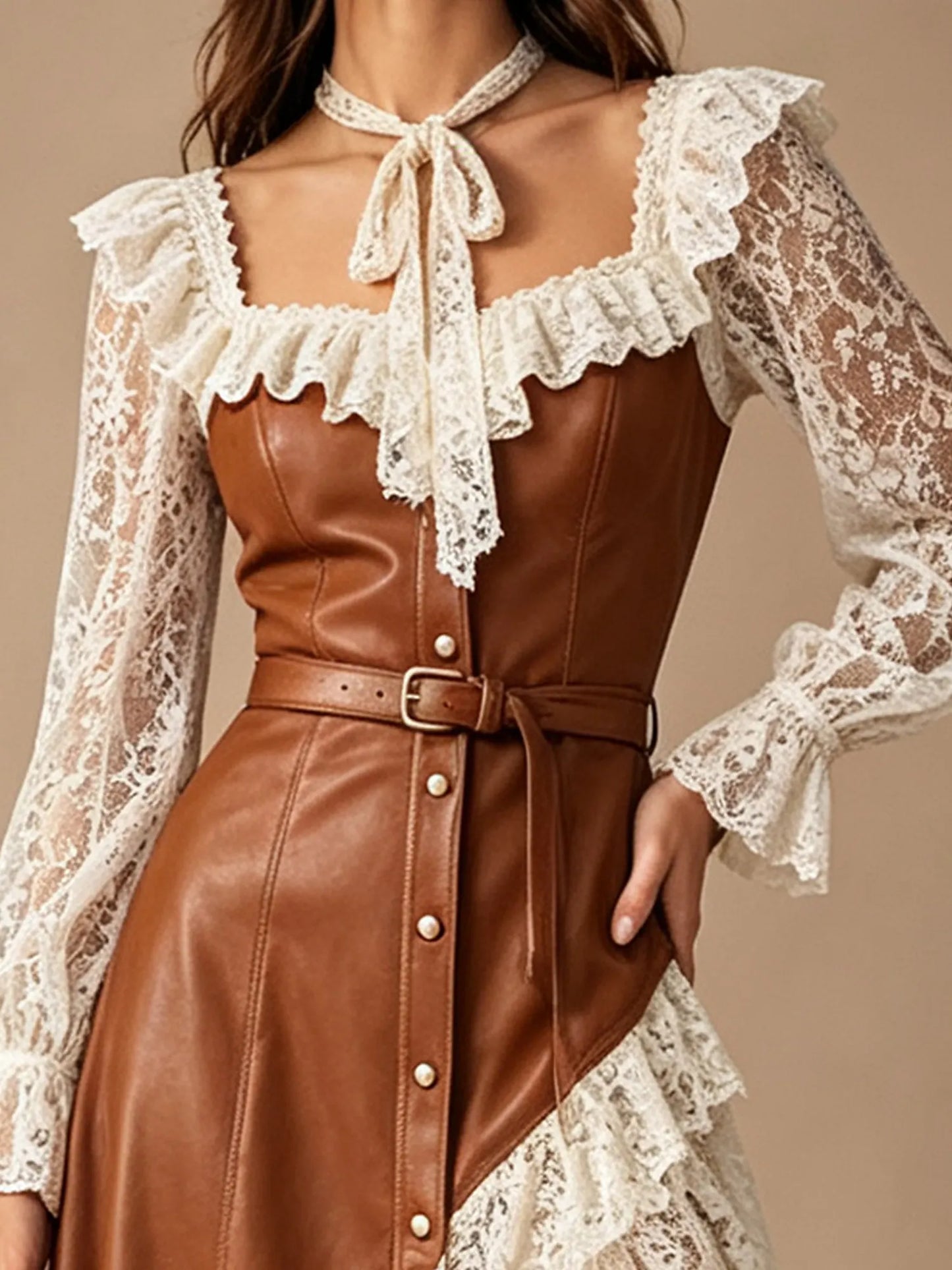 Western-style dress — Cognac brown vest with a cinched waist and belt, asymmetrical ruffles, PU leather and lace trim, Midi Dress