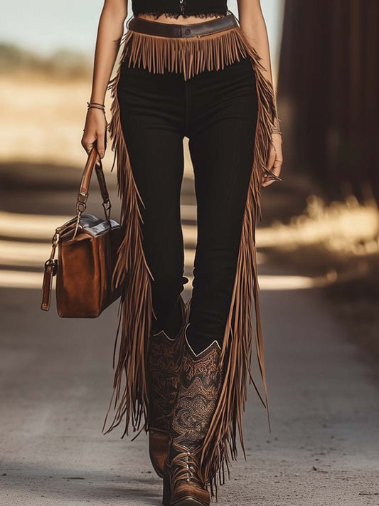 Casual Western Waist Side Fringe Detail Black Denim Cotton Pencil Pants