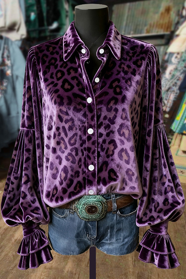 Leopard Print Lantern Sleeve Velvet Top