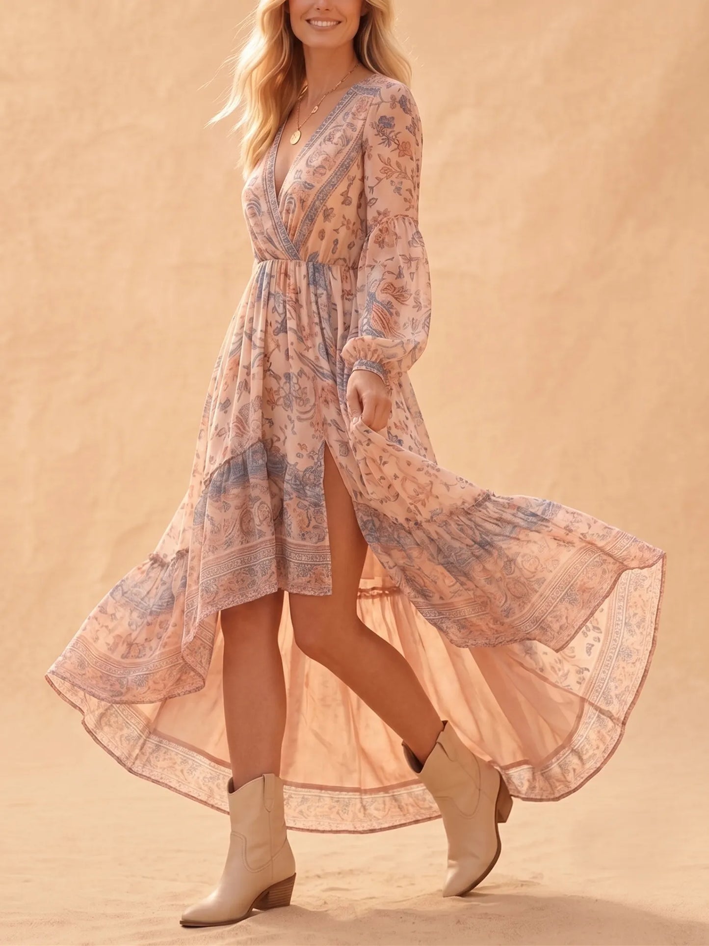 Western Dress — Charcoal Brown Plunging V-Neck Smocked Waist Chiffon Maxi Dress