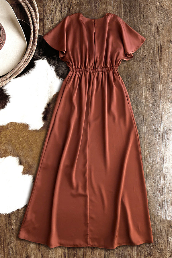 Gorgeous Overlapping V-Neck Satin Short Sleeve Maxi Dress