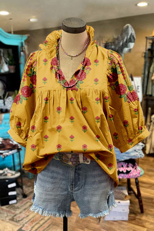 Classic Floral Print Puff Sleeve Blouse