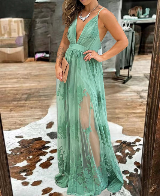 Green V-Neck Floral Pattern Mesh Dress