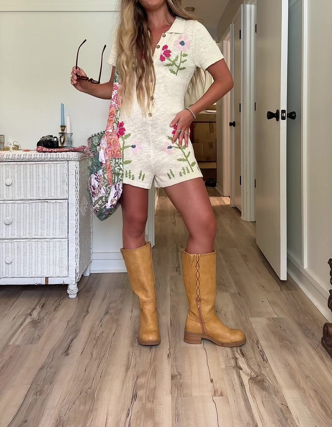 Linen Floral Lapel Short Sleeve Mini Romper