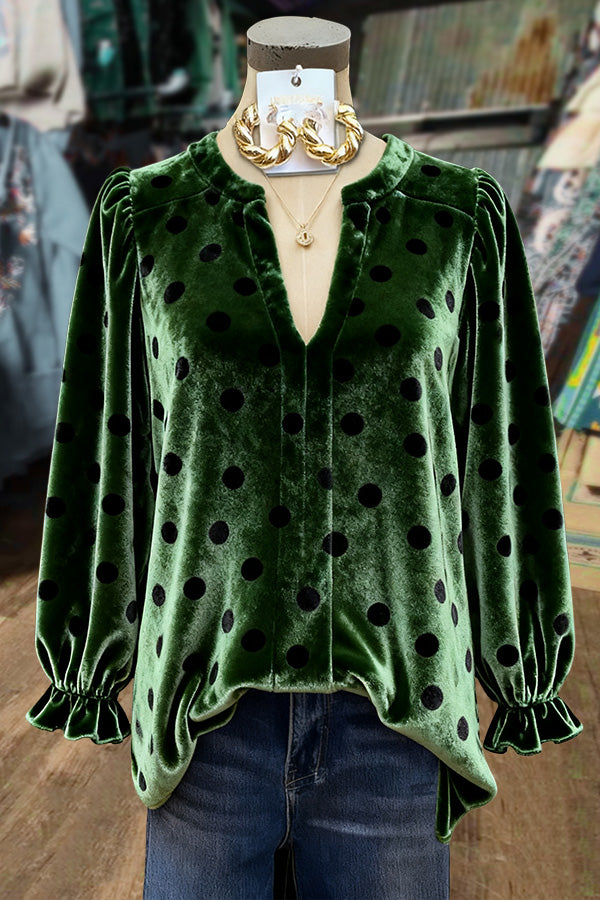Polka Dot Print V-Neck Velvet Top