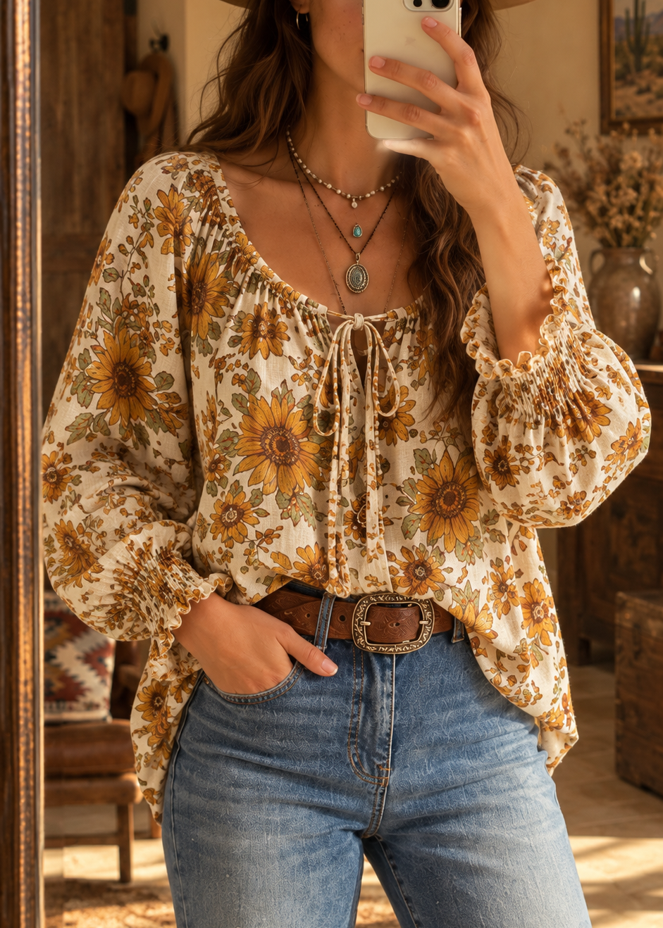 Cream Sunflower Floral Square Neck Smocked Lantern Sleeve Boho Blouse