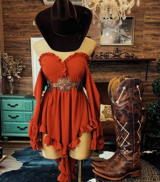 Western Ruffle Off-Shoulder High-Low Dress