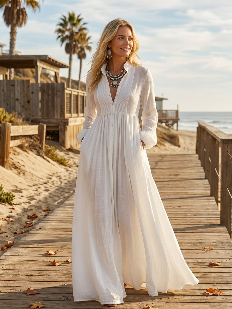 Women's Minimalist Tencel And Linen Patchwork Single-breasted Stand-up Collar Long-sleeved Maxi Dress