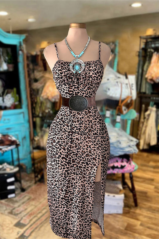 Vintage Leopard Print Slit Dress