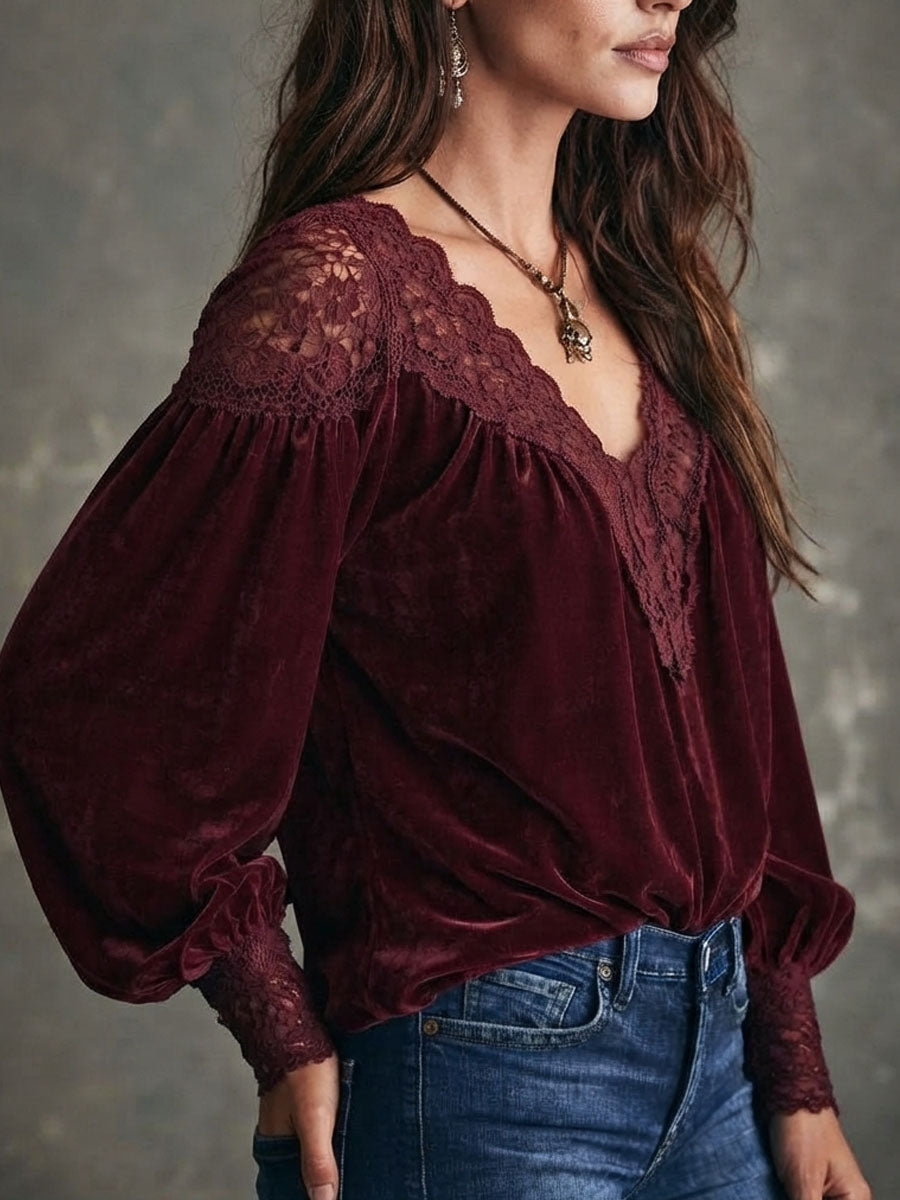 Boho Deep V Lace Trim Burgundy Velvet Blouse