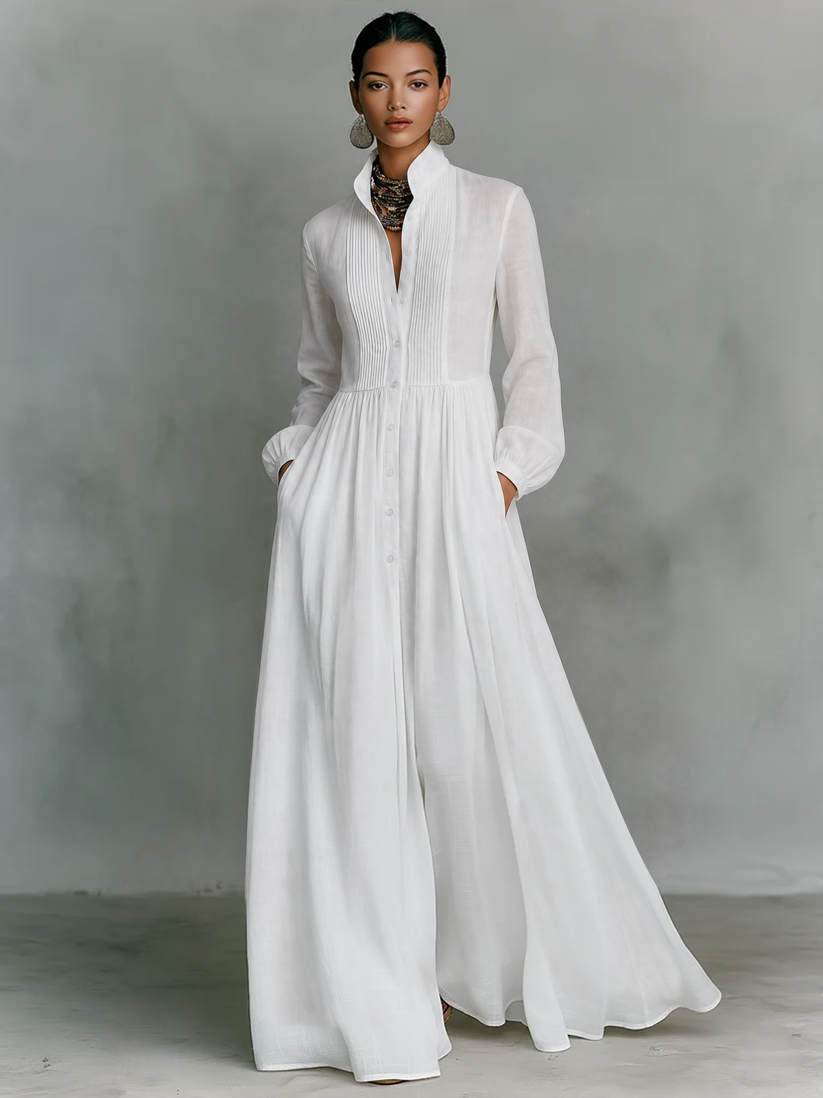 Women's Minimalist Tencel And Linen Patchwork Single-breasted Stand-up Collar Long-sleeved Maxi Dress