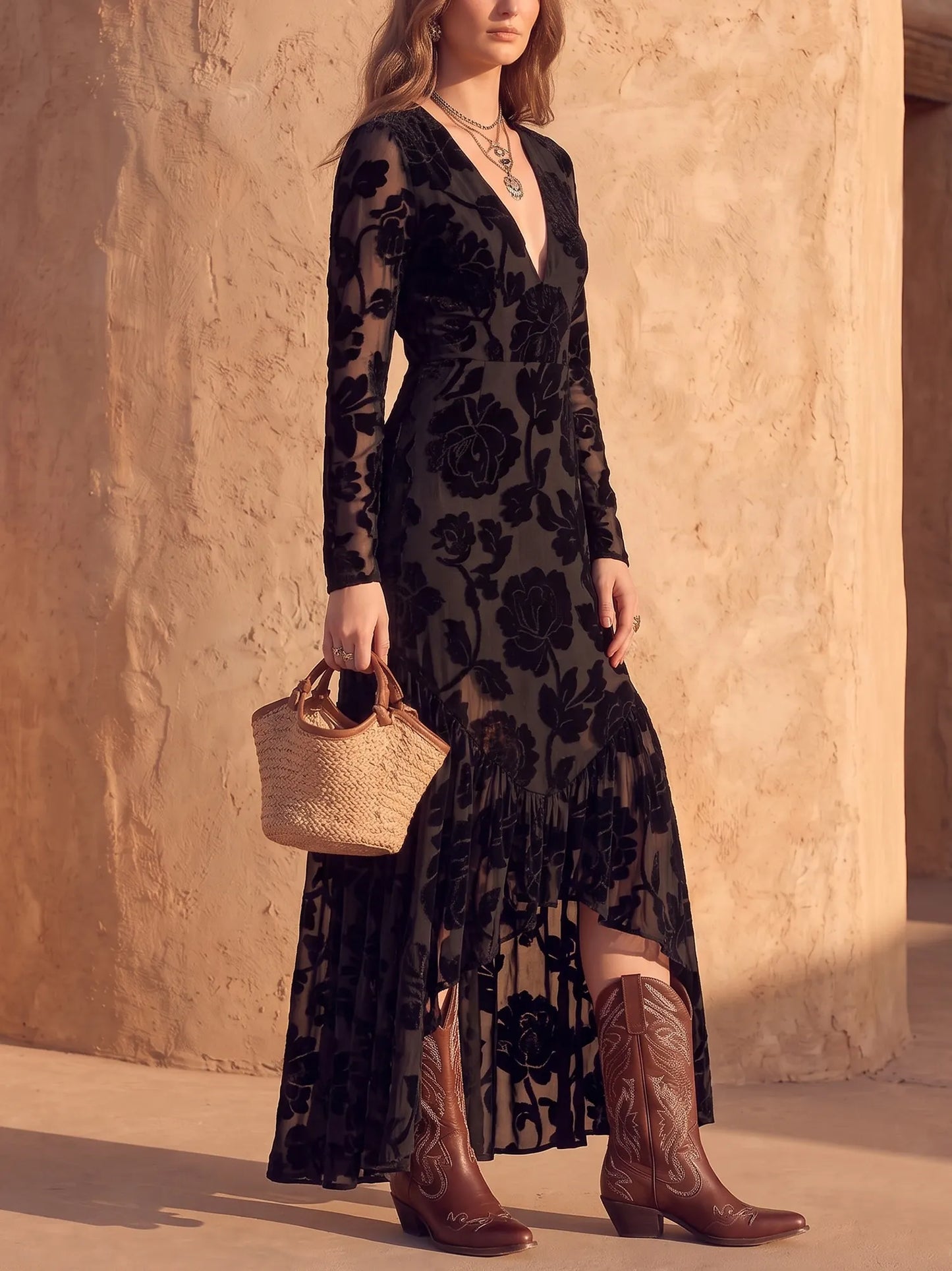 Black Burnout Velvet Floral Plunge V-Neck High-Low Maxi Dress