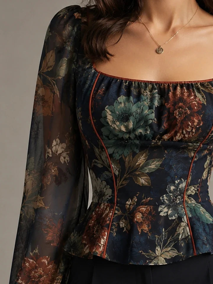 Midnight Floral Tapestry Square-Neck Peplum Blouse