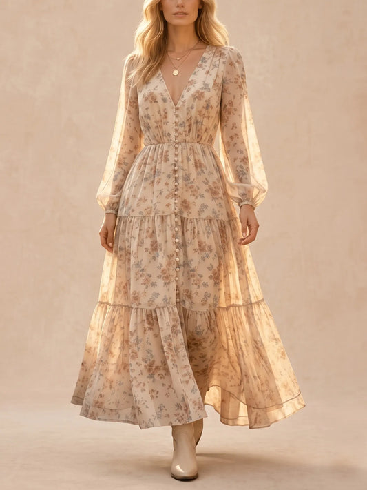 Ivory Apricot Ditsy Floral Chiffon Plunge V-Neck Bishop Sleeve Tiered Maxi Dress