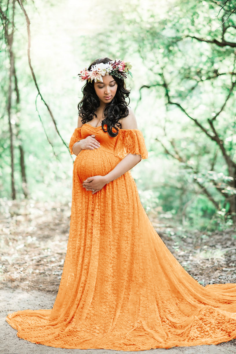Maternity Photo Shoot Off Shoulder Lace Trailing Maxi Dress