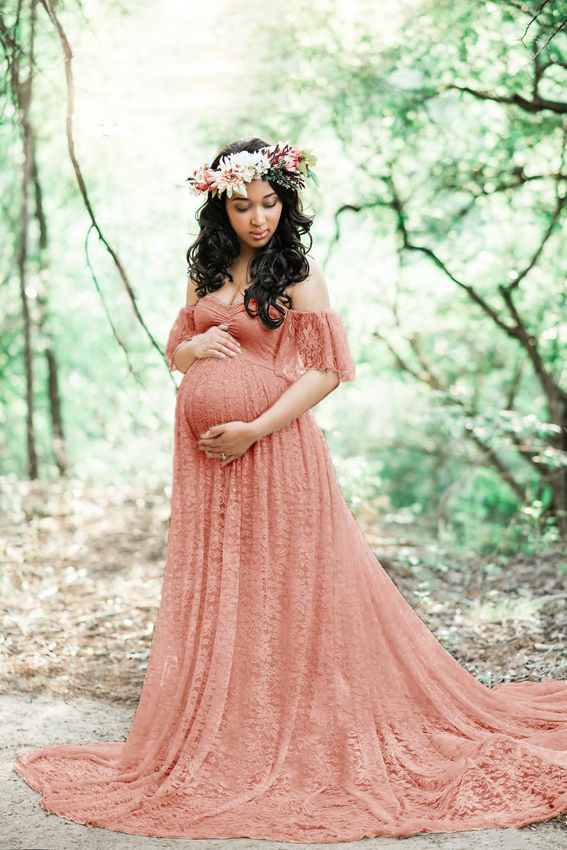 Maternity Photo Shoot Off Shoulder Lace Trailing Maxi Dress