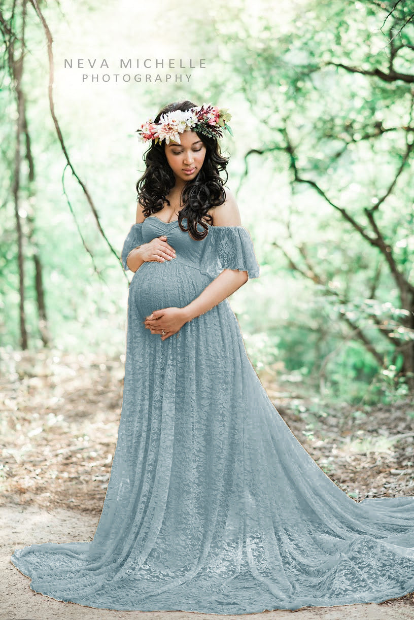 Maternity Photo Shoot Off Shoulder Lace Trailing Maxi Dress