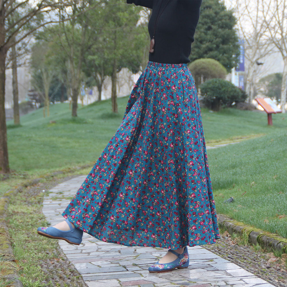 Cotton and linen printed maxi skirt | Retro ethnic style elastic waist midi skirt