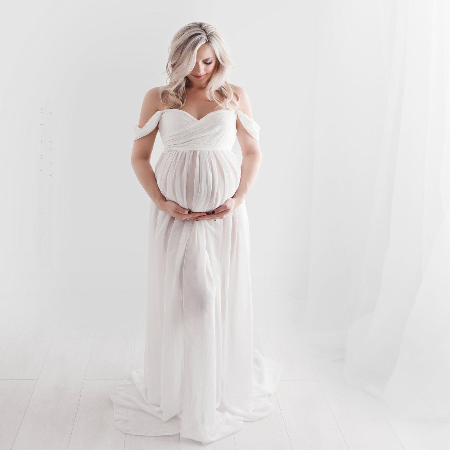 Maternity Photo Shoot Off Shoulder Chiffon Trailing Maxi Dress