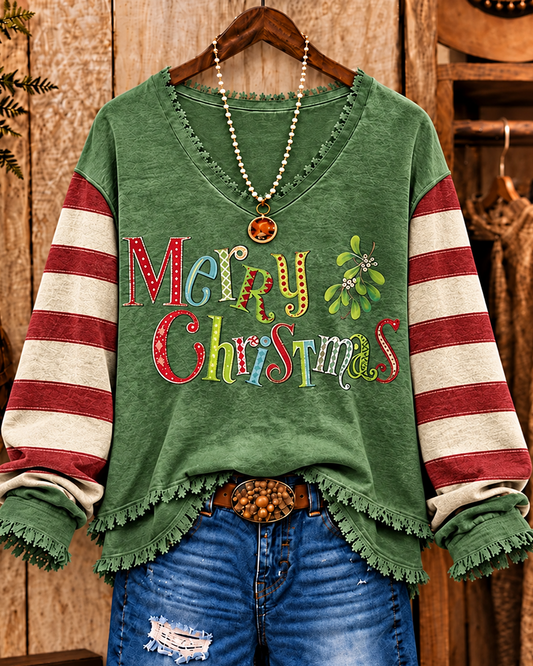 Retro Merry Christmas Striped Sleeve Frayed Hem Sweatshirt